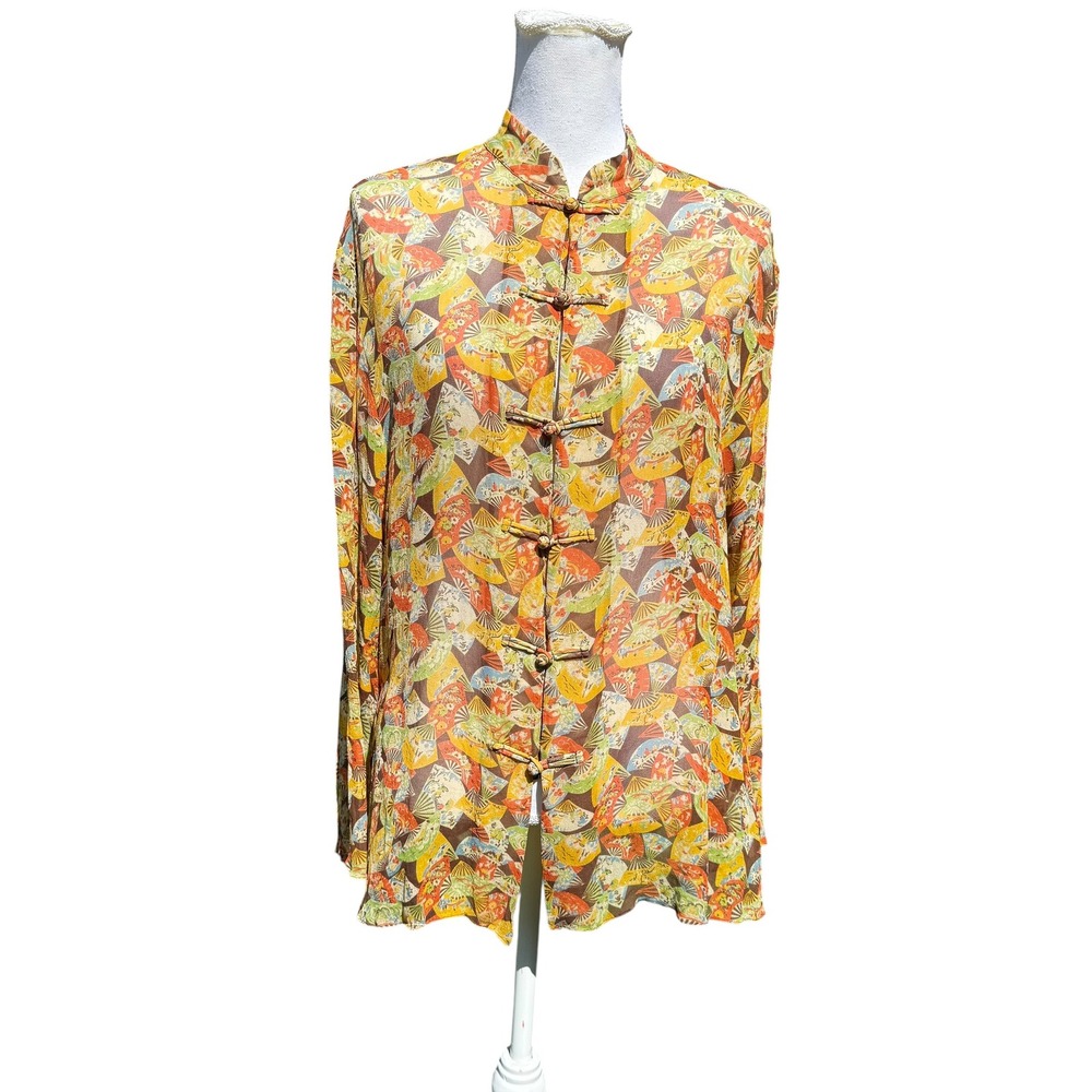 Harari Silk Blouse Mandarin Collar Frog Toggle Fan Print Brown Orange Womens S